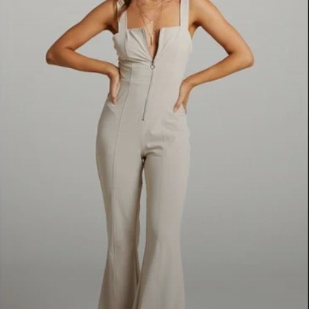 Showpo Georgianna Flare Contrast Stitch Detail Jumpsuit in Beige - Size 8
